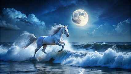 Majestic White Horse Galloping Through Ocean Waves Under Full Moon - Night Photography