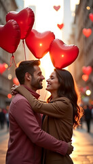 Happy couple embracing with heart-shaped balloons in city street, Valentine's Day