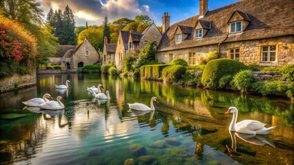Obraz premium Majestic White Swans Glide Past Bibury's Picturesque Cotswold Cottages - Long Exposure Photography