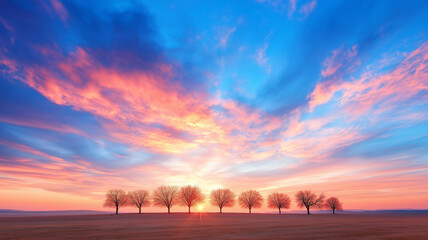 stunning sunset over field with silhouetted trees