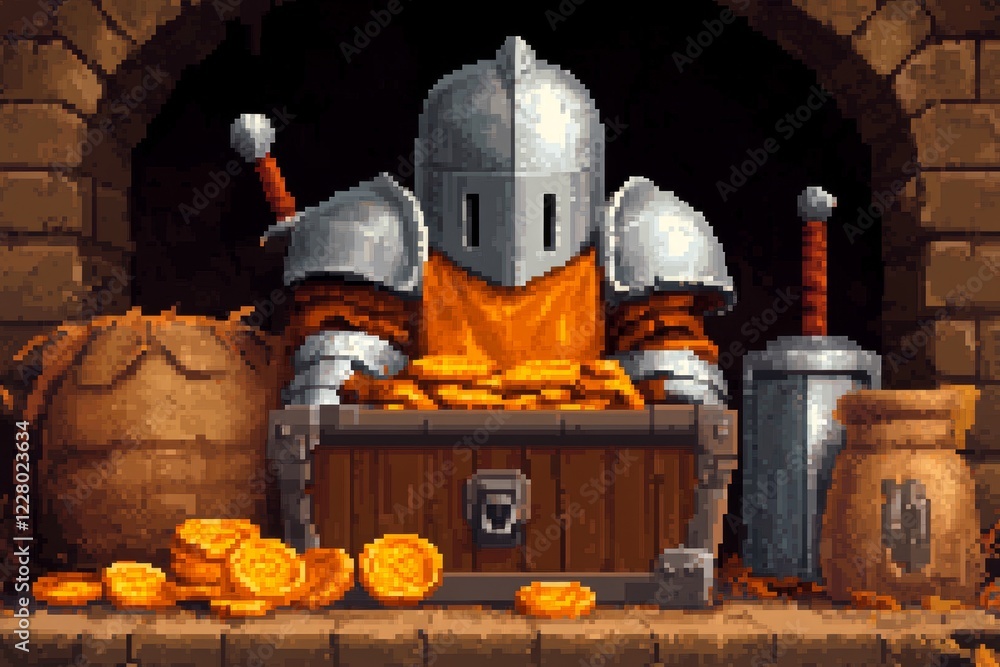 Poster a pixel art animation of a chest opening, with bright, pixelated coins and a glowing sword popping o