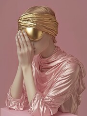 Fashion conceptual photo. Model prays in rose and gold clothes. Calm and focused on internal world