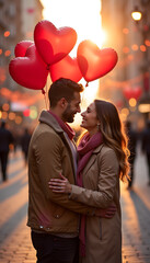 Couple smiling with heart-shaped balloons in sunset street scene, Valentine's Day