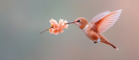 Fototapeta premium Serene Nature Close-Up Dynamic Hummingbird Feeding on Blooming Blossom - Biodiversity Imagery for Sustainable Eco-Friendly Campaigns and Wildlife Conservation Awareness