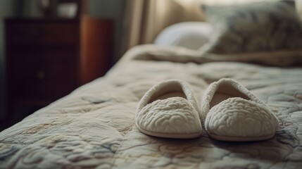 White slippers on a bed.