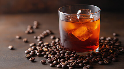 Iced coffee drink with coffee beans. Ideal for cafe menu and coffee shop marketing.