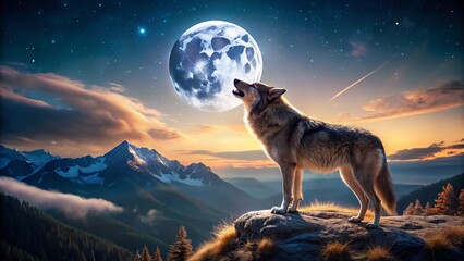 Majestic Wolf Howling at Full Moon - Panoramic 8K Ultra Realistic Wildlife Photography
