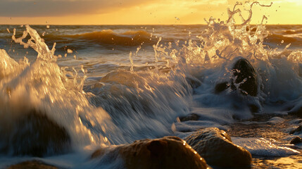 Ocean wave splash at golden hour. Perfect for nature and seascape photography.