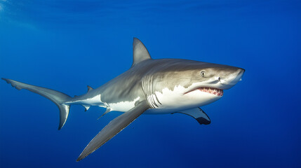 Naklejka premium Great white shark in blue ocean. Suitable for marine life and underwater photography.