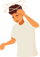 Man suffering dizziness and vertigo, touching his head with his hand