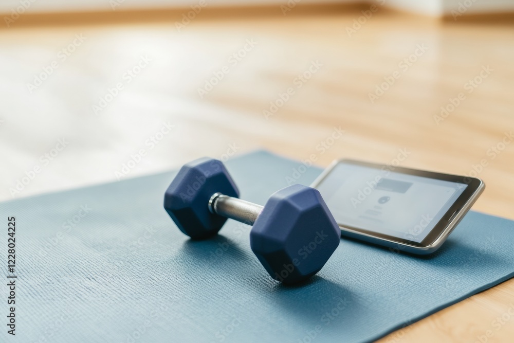 Aufkleber minimalist fitness tech smart dumbbells on textured yoga mat with interactive app display - elevatin