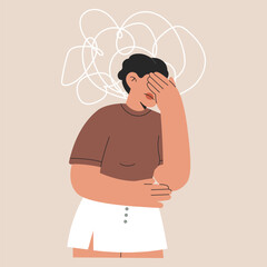 Woman with depression, anxiety and tangled thoughts concept. Confused girl has attention disorder closes her face with hand. Frustrated person has fatigue and headache, vector isolated illustration