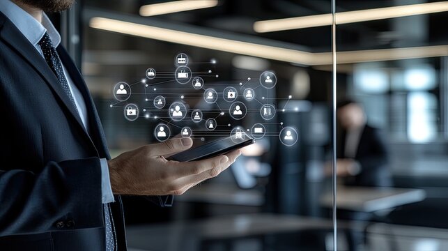 Business network visual with social media icons in a blurred office, highlighting connectivity and innovation.