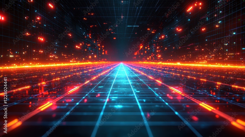 Poster futuristic digital landscape with glowing lines and grid patterns.