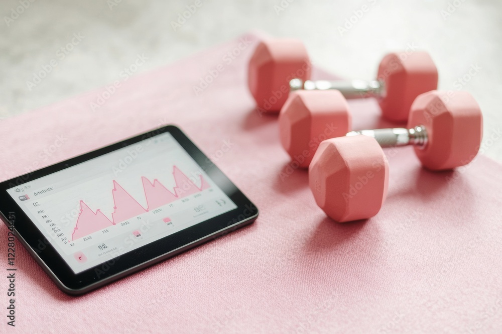 Aufkleber minimalist fitness tech smart pink dumbbells on soft pad displaying tablet data - digital wellness a