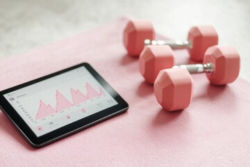 Minimalist Fitness Tech Smart Pink Dumbbells on Soft Pad Displaying Tablet Data - Digital Wellness and Home Workout Solutions