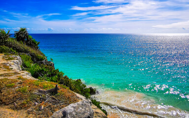 Natural seascape panorama beach view Tulum ruins Mayan site Mexico.