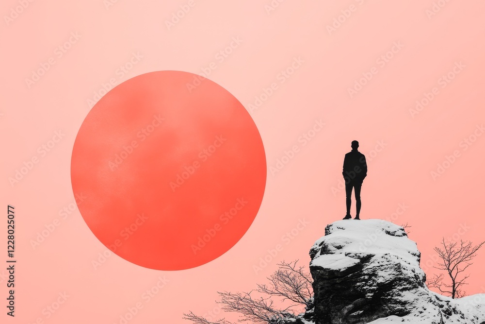 Poster a silhouette of a person standing on a cliff, observing a vast landscape below, drawn with clean lin