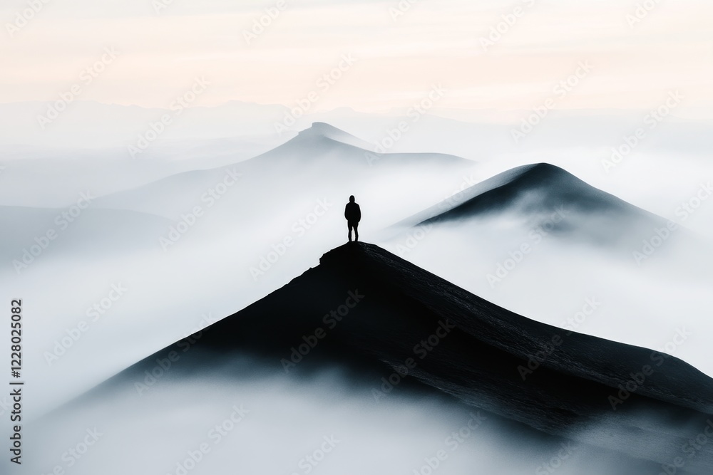 Poster a silhouette of a person standing on a cliff, observing a vast landscape below, drawn with clean lin