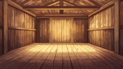 Empty room with wooden walls, ceiling and floor. Cartoon textured wood box background for game. Abstract barn, farm or ranch indoor interior design with brown or yellow planks, 2d vector illustration