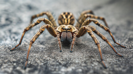 Spider close-up on grey surface. Perfect for wildlife and arachnid photography.
