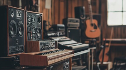 Fototapeta premium Vintage music studio equipment, speakers, keyboard, guitar.