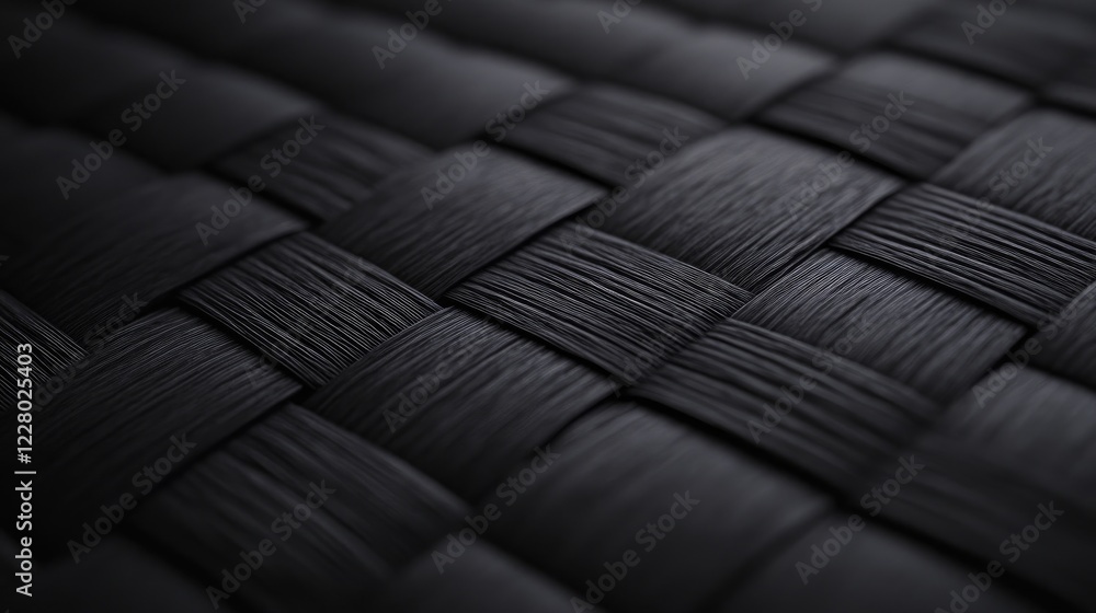 Poster black textile texture with interwoven threads creating a grid-like pattern and smooth, shadowed deta
