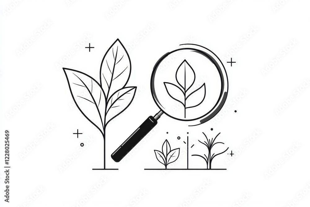 Poster a simple line drawing of a magnifying glass hovering over a small leaf, emphasizing focused observat
