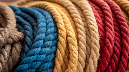 Colorful nautical ropes coiled together. Suitable for marine equipment and sailing themes.