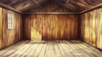 Empty room with wooden walls, ceiling and floor. Cartoon textured wood box background for game. Abstract barn, farm or ranch indoor interior design with brown or yellow planks, 2d vector illustration