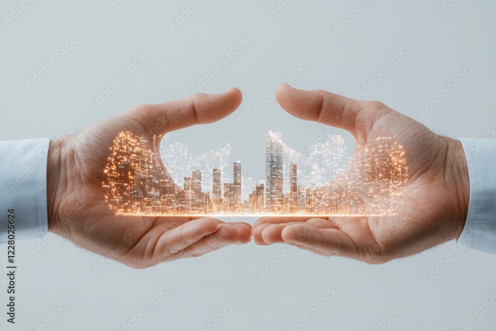 Poster futuristic urban connectivity cityscape hologram between hands - innovative tech visualization and g