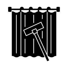 Curtain Cleaning – Curtains and Cleaning Tools Representing Fresh and Clean Drapes. Black flat icon.