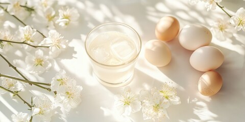 Soft focus image of eggs and a drink, surrounded by delicate blooms and a vase of fresh flowers.