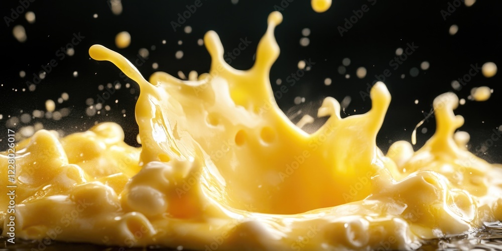 Aufkleber yellow liquid splashing onto a dark surface, creating a messy and appetizing texture.