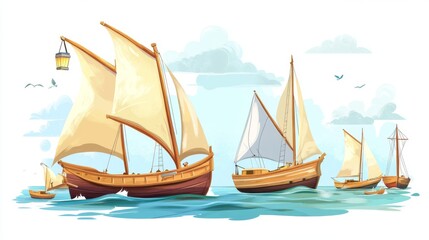 Obraz premium Floating sailboat with wooden deck, wind in masts and lamp. Cartoon vector illustration set of different size ships for cruise travel, fishing and sailing voyage. Marine transport and vessel.