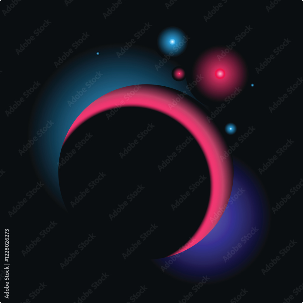 Aufkleber colorful gradient spheres orbiting a large planet with a dark surface in the vastness of space