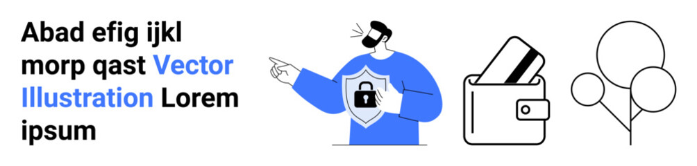 Man pointing to secure wallet with credit cards, encryption symbol on shirt, balloons. Ideal for security awareness, financial protection, data privacy, online safety, user education, cybersecurity