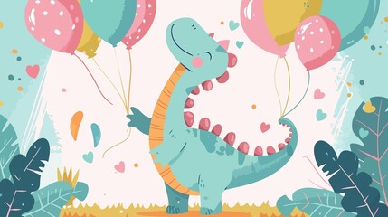 Birthday Dinosaur Celebrating with Balloons in Flat Vector Illustration