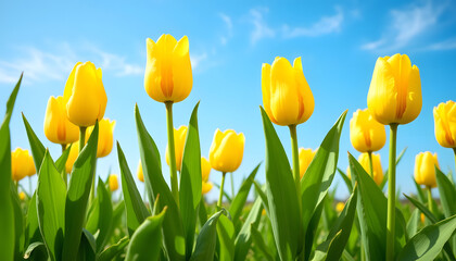 Fototapeta premium Yellow tulips blooming against a sunny blue sky