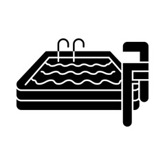 Pool Maintenance – Pool and Cleaning Tools Representing Water Care and Pool Hygiene. Black flat icon.