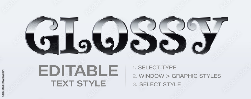 Aufkleber glossy metallic editable text effect, black shiny platinum graphic style template. customizable poli