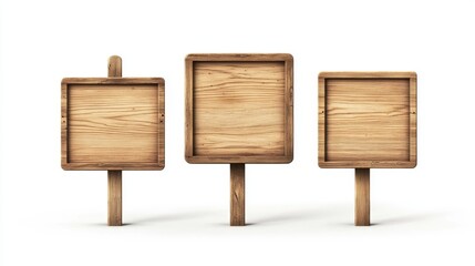 Wood plates with empty space for advertising sign and text message. Realistic 3d vector illustration set of wooden signboard frame. Vintage rustic rectangular, round and square title board plank.