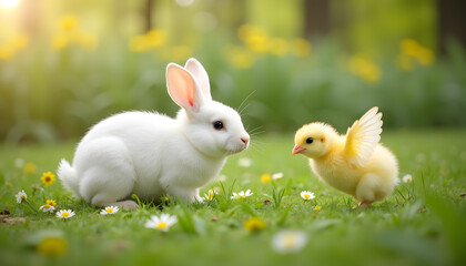 White rabbit and yellow chick interacting in a flower-filled meadow, Easter