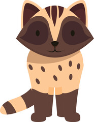 Cartoon raccoon standing on its feet, smiling and looking forward, isolated on white background