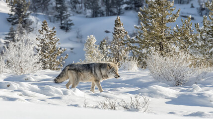 Grey wolf walking through snowy winter forest landscape. Perfect for wildlife conservation and nature documentary content.