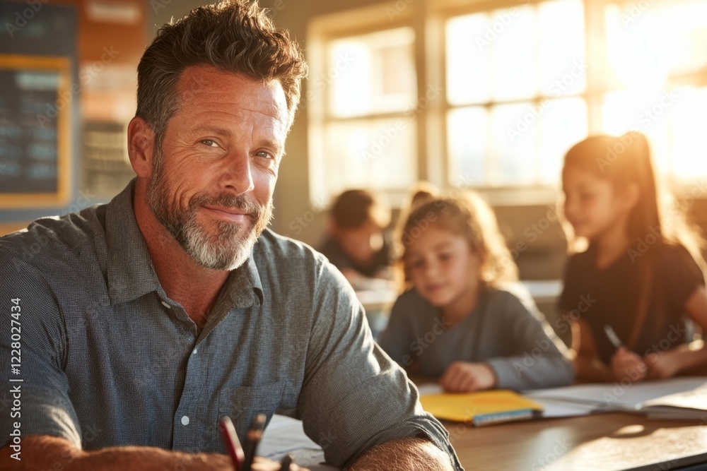 Poster a teacher overseeing a classroom of students working on a group project, with a warm, encouraging ex