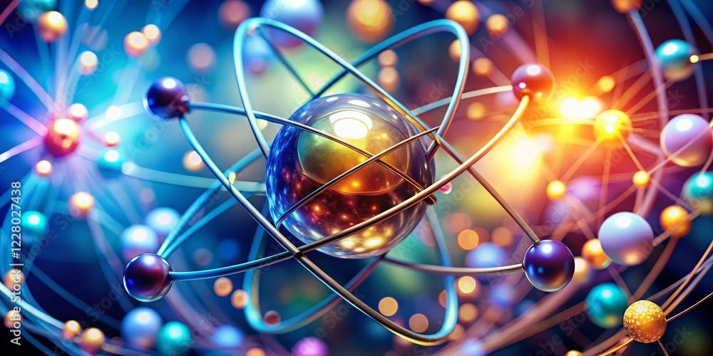 Poster microscopic atom structure with bokeh background: scientific illustration of nucleus and orbiting el