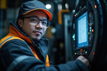 Young technician in safety gear operating advanced machinery in an industrial setting, focused on the touchscreen interface with a confident expression