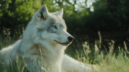 Obraz premium White wolf portrait in summer meadow setting. Ideal for nature magazines and wildlife protection campaigns.