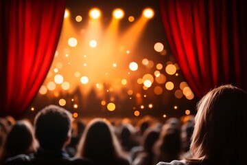 A theater curtain opening to reveal actors on stage, with dramatic lighting and an eager audience